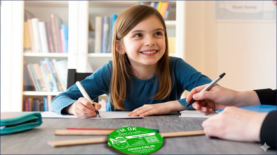Happy student with teacher — green I'm OK disk on desk