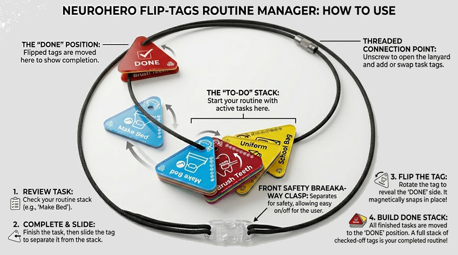 Instructions showing a lanyard and NeuroHERO tags