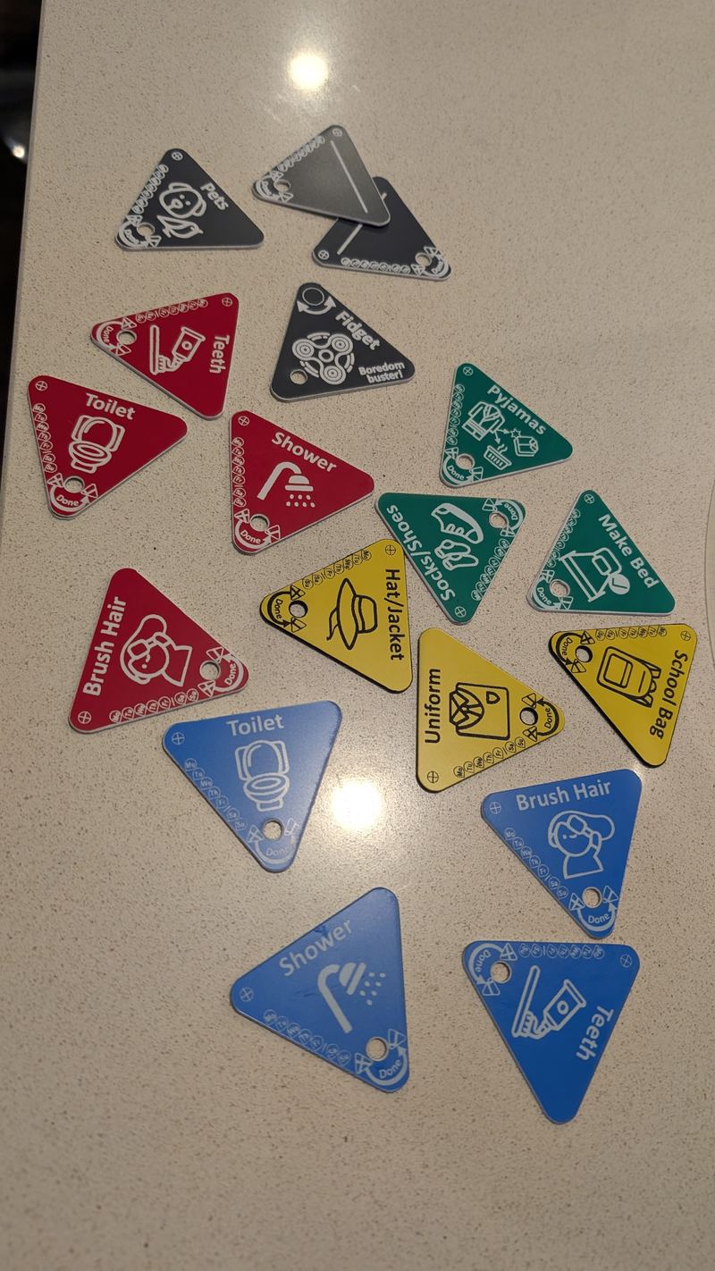 NeuroHERO Flip Tags fanned on lanyard showing colourful triangle routine tags