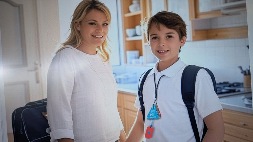 Child wearing NeuroHERO tags lanyard with school backpack — ready independently